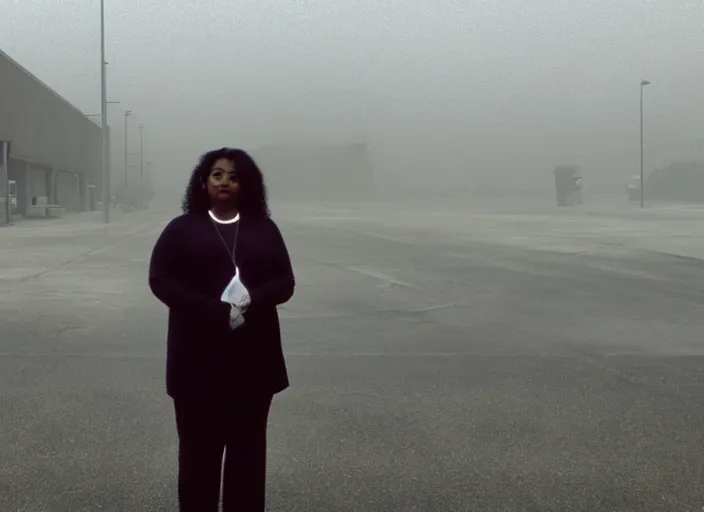 Image similar to cinematic screenshot wide shot of octavia spencer in a foggy abandoned sears parking lot, paranoia everywhere, screenshot from the tense thriller film ( 2 0 0 1 ) directed by spike jonze, volumetric hazy lighting, moody cinematography, 3 5 mm kodak color stock, 2 4 mm lens, ecktochrome