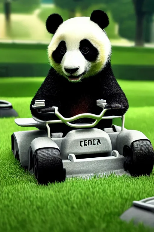 Image similar to a panda sitting on a modern lawn mower mowing his lawn, suburban garden, cgsociety and beeple highly detailed, cinematic lighting, illustration, art, octane render, unreal engine lumen, very coherent. cinematic, hyper realism, high detail, octane render, 8 k