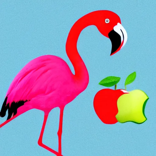 Prompt: A flamingo with big muscular arms eating an apple, photography, realistic