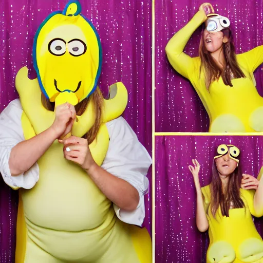 Image similar to photo booth film strip of a person in a banana costume doing fun poses