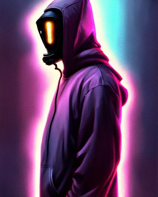 Image similar to cyberpunk synth, hyper - realistic portrait of a man in a hoodie with detailed neon mask, cyberpunk, intricate, digital painting, by atey ghailan, by greg rutkowski, by greg tocchini, by james gilleard, by joe fenton, by kaethe butcher, dynamic lighting, gradient light blue, lighting color scheme, sharp focus, grunge aesthetic