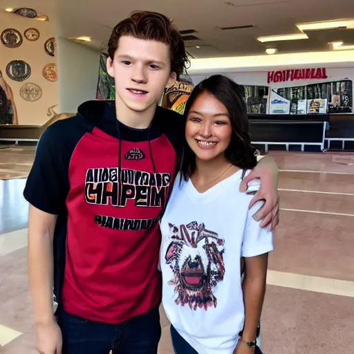 Image similar to Tom Holland wearing a Chapman University shirt with a Filipina college girl