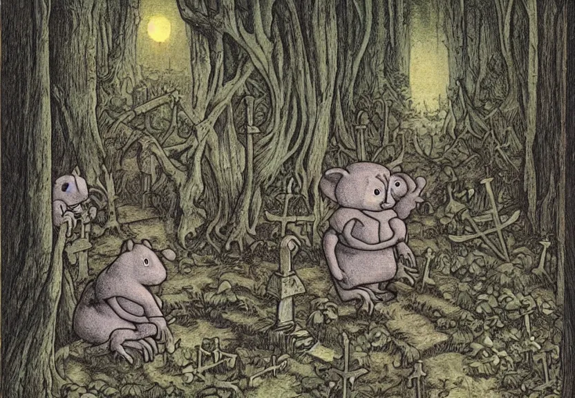 Image similar to possums dressed like a monk at a scary medieval cemetery in the middle of the forest at night, isometrical, highly detailed, by Maurice Sendak, colorized