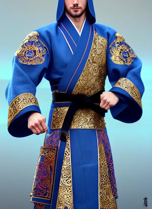 Prompt: male manchurian martial artist!!!! blue eyes!! intricate ornate blue robes!! character concept art, sharp focus, octane render! unreal engine 5! highly rendered!! trending on artstation!! detailed linework!! illustration by artgerm, wlop, and chie yoshii
