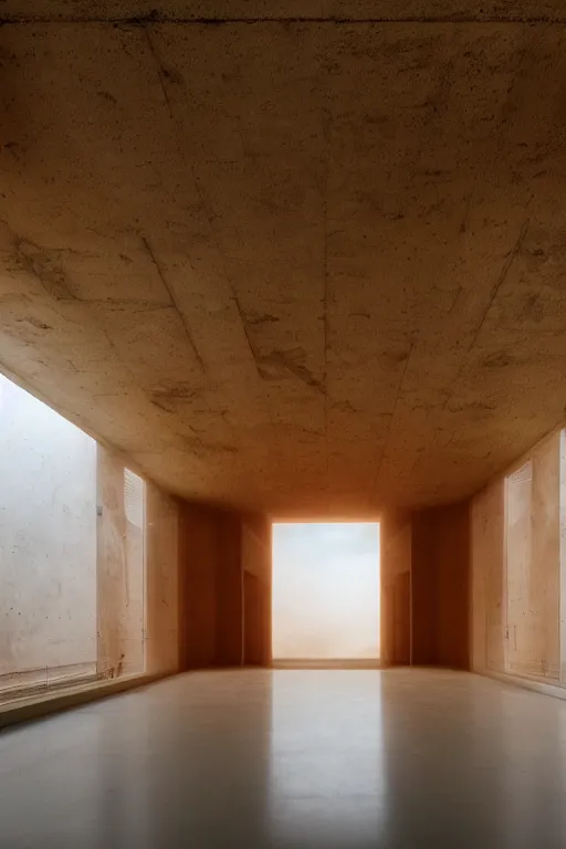 Prompt: inside a tall vetical room, convoluted halls, monolithic, open architecture, dust cloud enter through giant open windows, high winds, concrete pillars, ancient sci - fi elements, on an alien planet, sun is blocked by dust, pale orange colors, cinematographic wide angle shot, f / 2 4, motion blur