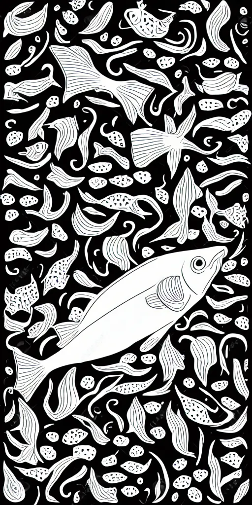 Image similar to illustration vector fine line art of a white fish on a full black background