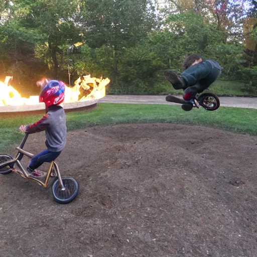 Prompt: kid jumping his bmx over a fire pit