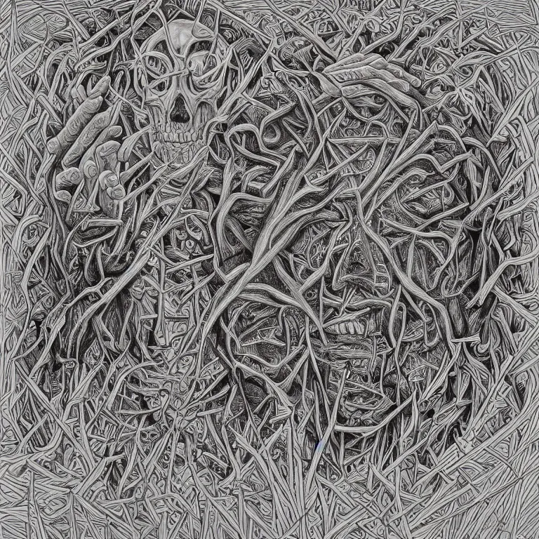 Image similar to expression of mind-matter interaction through death by Alex Grey and M. C. Escher collaboration, digital painting, Groundcore