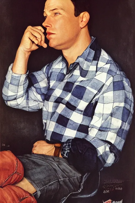 Image similar to san ben affleck wearing checkered shirt and white cap, poster, by norman rockwell