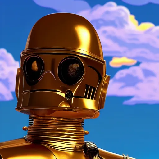 Image similar to full body portrait of Simpson as C3PO in star wars, background blue sky puffy clouds cinematic 4k