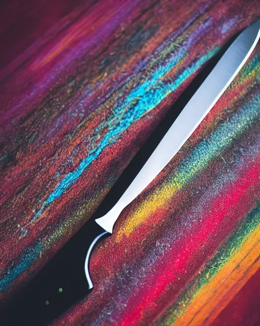 Image similar to An extremely detailed colorful studio photo of a kitchen knife with a black handle; bokeh, 90mm, f/1.4