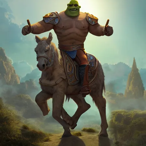 Image similar to shrek bare chested as a glorious devout shining powerful epic amazing awesome very handsome attractive muscular stylish knight in shining golden armor riding donkey, fantasy art, highly detailed, photorealistic, octane render, 8 k, unreal engine, art by artgerm and greg rutkowski and alphonse mucha