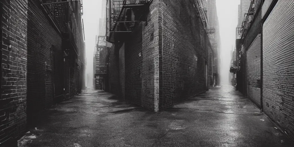 Image similar to New York city cityscape alleyway helios 44-2 grain film noise rain smoke night haze mist