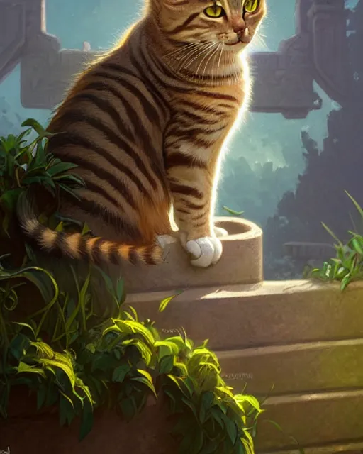 Image similar to A tabby cat sitting on a garden wall, deep focus, D&D, fantasy, intricate, elegant, highly detailed, digital painting, artstation, concept art, matte, sharp focus, illustration, hearthstone, art by Artgerm and Greg Rutkowski and Alphonse Mucha