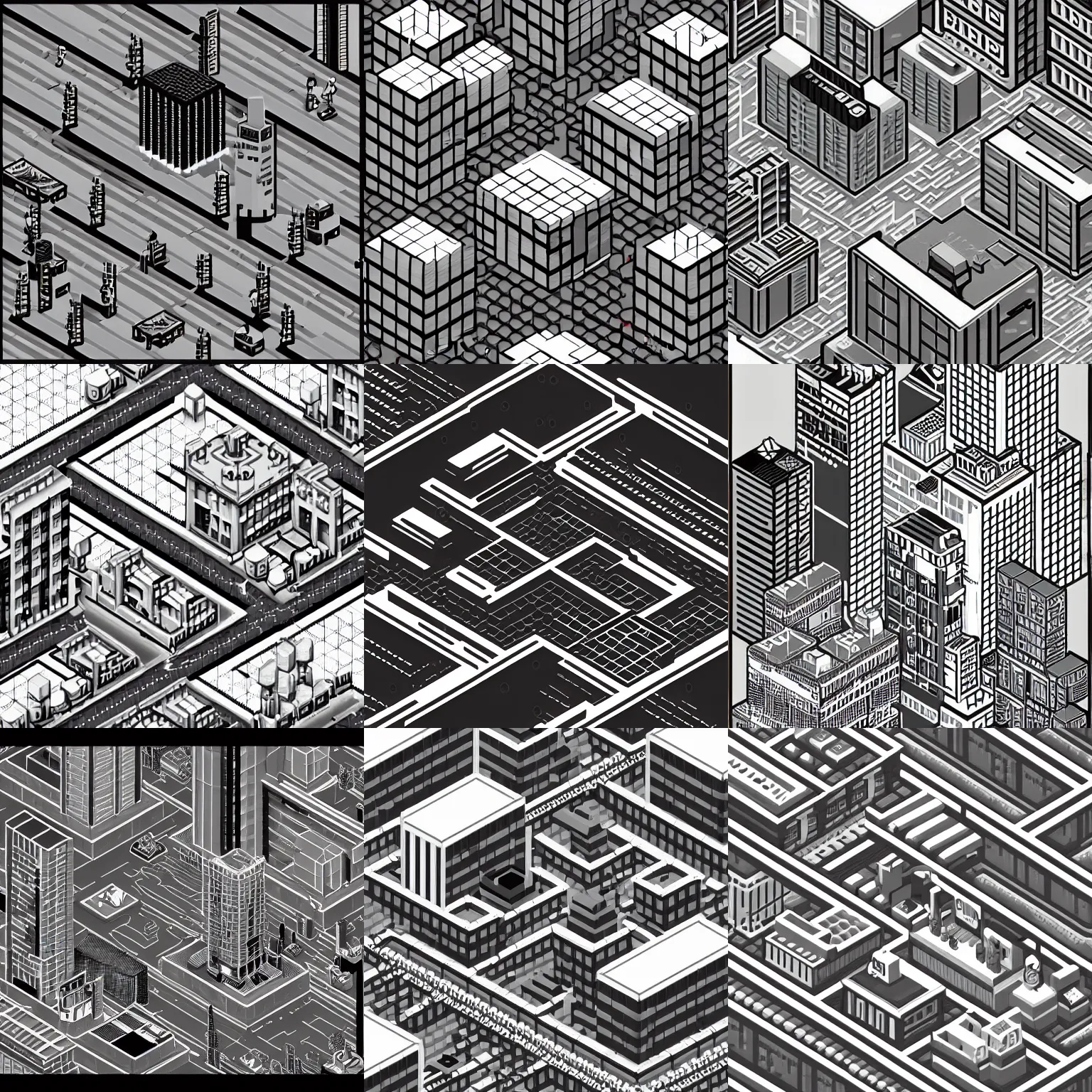 Prompt: isometric pixel art cyberpunk city, black and white