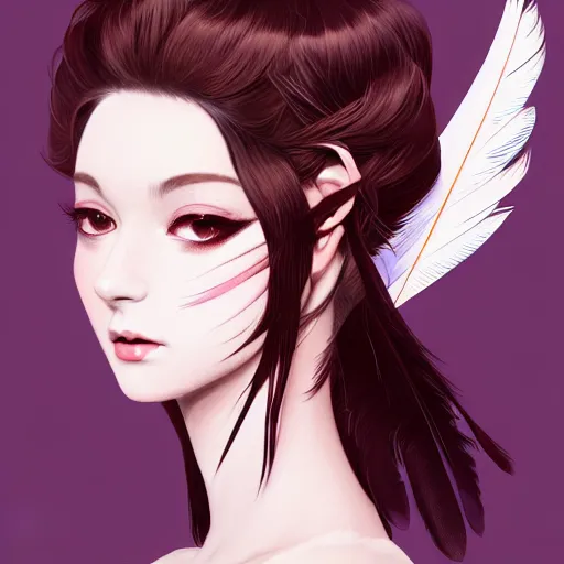 Prompt: 3 / 4 view of a portrait of a woman with feather wings, confident pose, pixie, genshin impact, magical, intricate, elegant, sharp focus, illustration, highly detailed, concept matte, trending on artstation, anime, strong brush stroke, sharp focus, illustration, art station, art by ilya kuvshinov and artgerm h 6 4 0