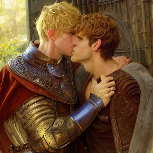 Image similar to attractive arthur pendragon confesses his love to attractive male merlin. highly detailed painting by gaston bussiere, craig mullins, j. c. leyendecker 8 k