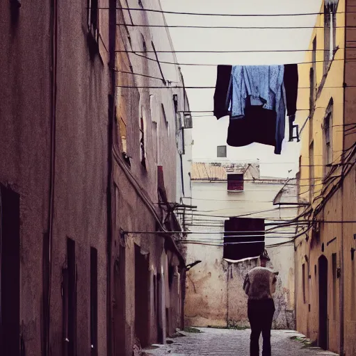 Prompt: photo extreme long shot of floating clothes in a back street, cinematic, depth of field, bokeh, atmospheric, 8k, trending on artstation