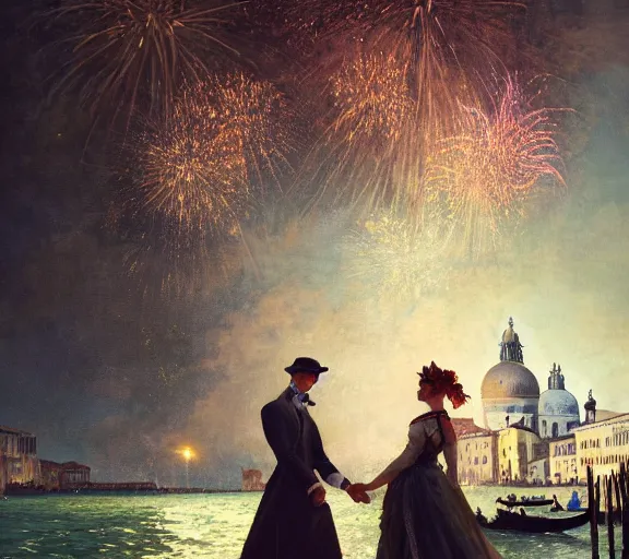 Prompt: photography of a 1 8 th couple in venice with fireworks, deep focus, intricate, elegant, highly detailed, digital painting, artstation, concept art, matte, sharp focus, illustration, art by artgerm and greg rutkowski and alphonse mucha and gil elvgren