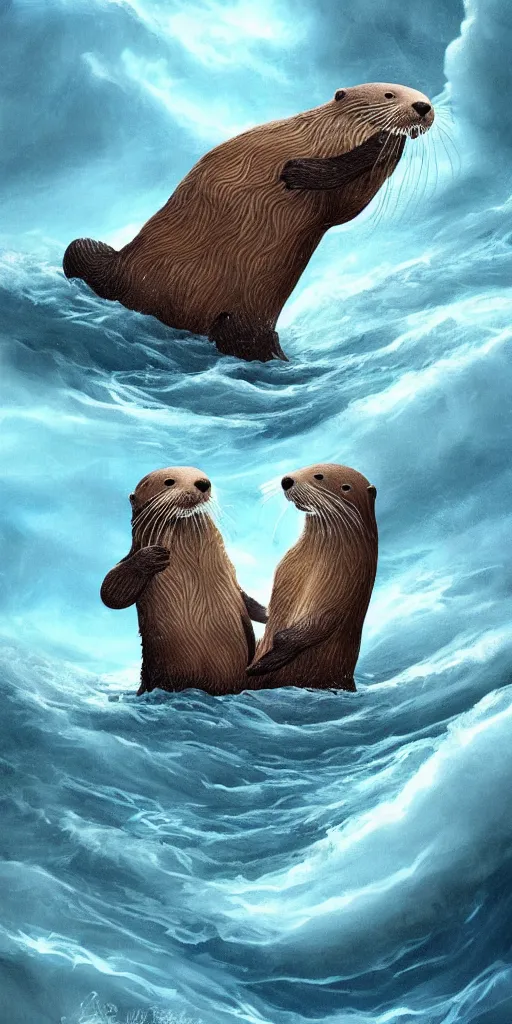 Image similar to An adorable Otter saving his wife from the whirlpool, in love holding hands side by side, in the middle of a super scary storm at sea, thunder, lightning, waves, fantasy illustration, cinematic, award winning, romantic, detailed trending on artstation, masterpiece