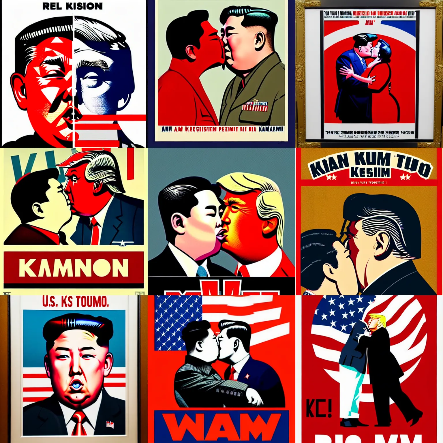 Prompt: a wwii us propaganda portrait of kim jong - un kissing donald trump by rei kamoi and dan mumford, - text