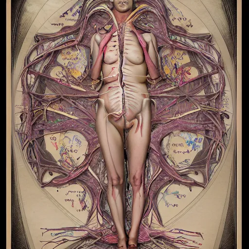 Image similar to cosplay girl, highly detailed labeled medical anatomy poster, anatomical drawing on poster paper with notes, extra beautiful colorful full page antique lithograph of artnouveau borders and designs, muted colors, parchment paper, art print, well - lit, ray tracing, horror, eldritch abomination, hyper realistic, 8 k post - processing