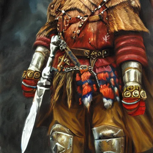 Image similar to a russian warrior who is wearing iron gauntlets in the shape of bear claws in the style of warhammer fantasy : : head and shoulders oil painting