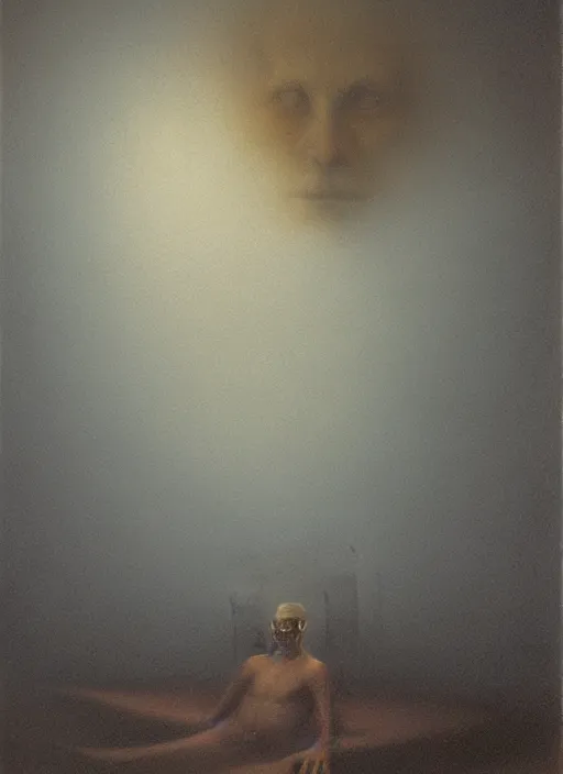 Prompt: lord lossl paints a self portrait, symmetric lights and fog, in the style of zdzislaw beksinski, glowing light and shadow, hyperrealist, 8 k