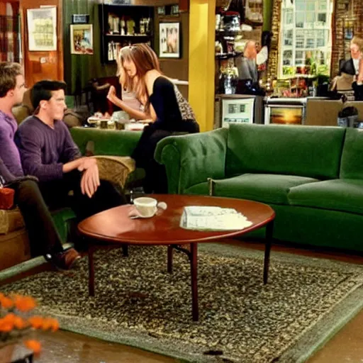 Image similar to still image from friends season 3 coffee shop green couch small cosy new york hd realistic