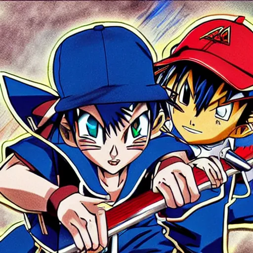 Image similar to ash ketchum dueling yugi moto, anime, highly detailed