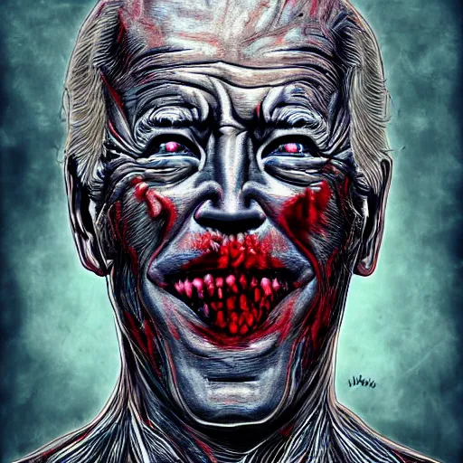 Image similar to biden became bloody ugly lovecraftian degenerate abomination, photo - realistic, color image, 2 k, highly detailed, bodyhorror, occult art, by giger, fractal structure