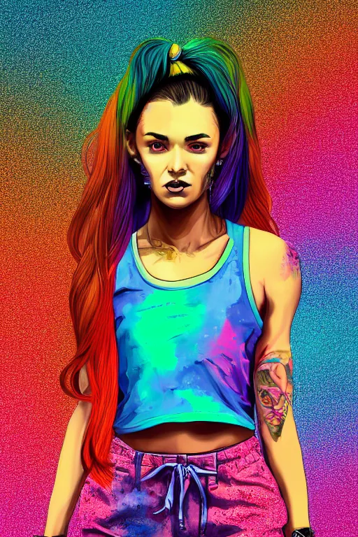 Image similar to a award winning half body portrait of a beautiful woman with stunning eyes in a printed croptop and cargo pants with rainbow colored ombre hairstyle head in motion and hair flying by josan gonzales, outrun, vaporware, shaded flat illustration, digital art, trending on artstation, highly detailed, fine detail, intricate