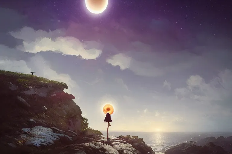 Image similar to giant white daisy flower over head, girl standing on rocky cliff, surreal photography, eclipse, milky way, dramatic light, impressionist painting, colorful clouds, digital painting, artstation, james gilleard, liam wong, jeremy mann, simon stalenhag