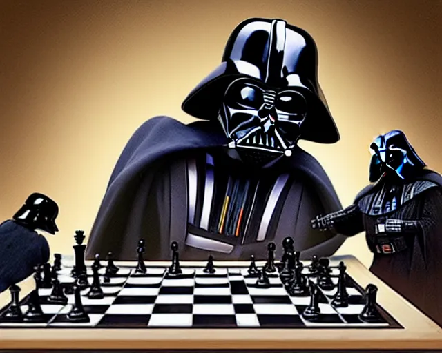 Prompt: darth vader playing chess with a witch