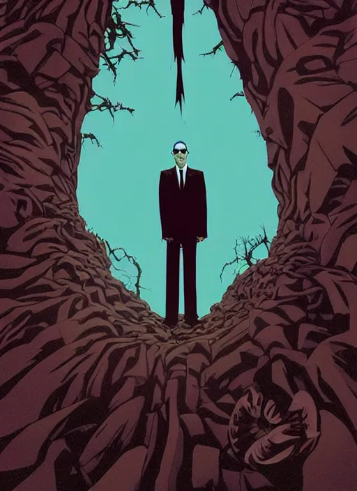 Prompt: poster artwork by Michael Whelan and Tomer Hanuka, of the Men in Black, from scene from Twin Peaks, clean