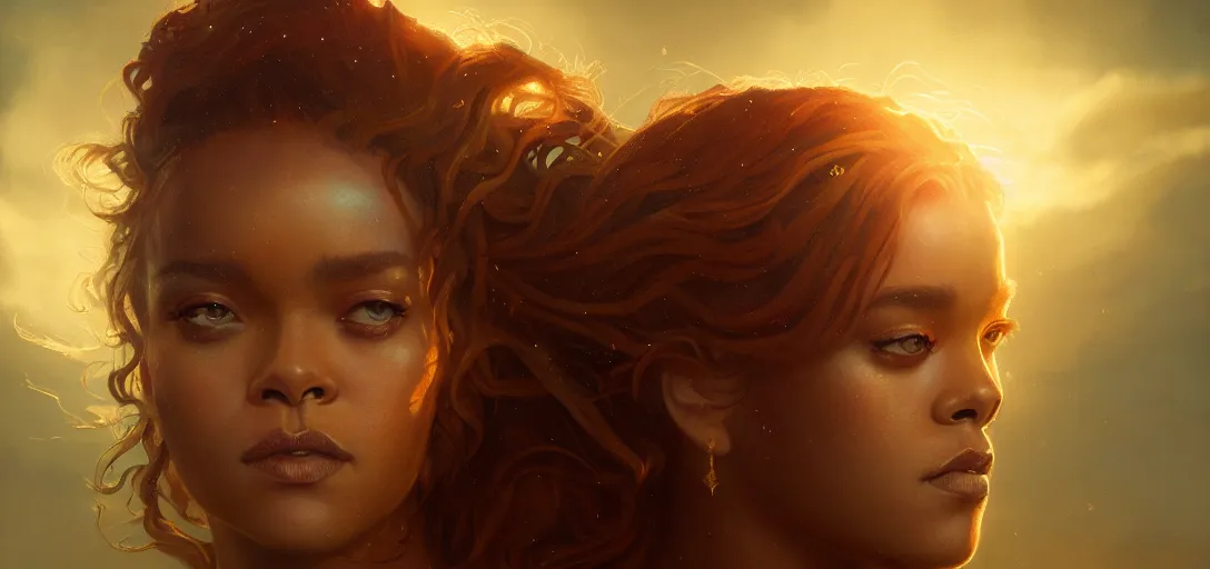 Image similar to majestic gracious regal goddess rhianna portrait, ancient greece, elysium, atmospheric lighting, painted, intricate, volumetric lighting, beautiful, rich deep colours masterpiece, golden hour, sharp focus, ultra detailed, by leesha hannigan, ross tran, thierry doizon, kai carpenter, ignacio fernandez rios