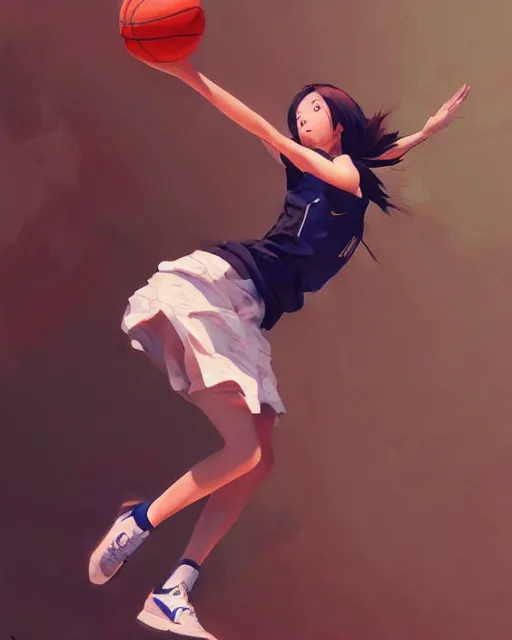 Prompt: A ultradetailed beautiful panting of a stylish girl dunking a basketball, Oil painting, by Ilya Kuvshinov, Greg Rutkowski and Makoto Shinkai