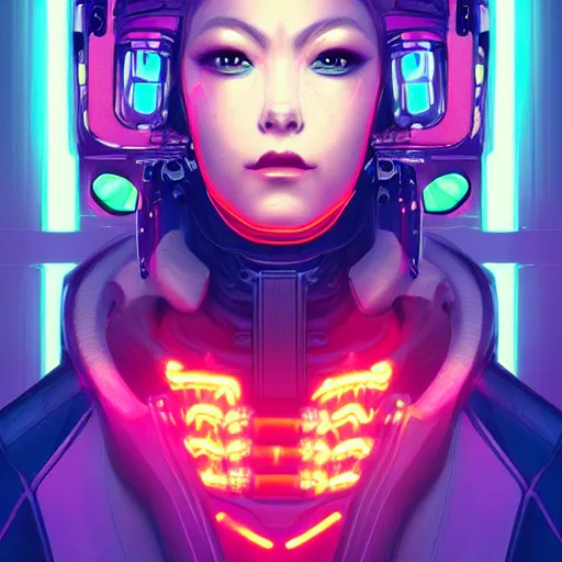 Image similar to a portrait of a cyberpunk robot geisha sorceress, warcore, sharp focus, detailed, artstation, concept art, 3 d + digital art, wlop style, biopunk, neon colors, futuristic, neon noire, storytelling