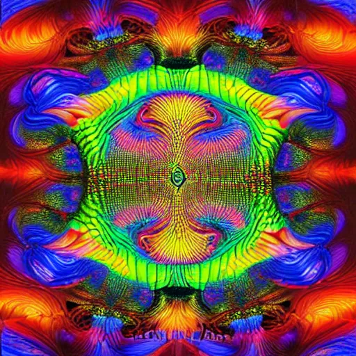 Image similar to a colorful duckies fractal 3 d mushroom in a beautiful, visionary world world, peace and love, by alex grey and fabian jimenez