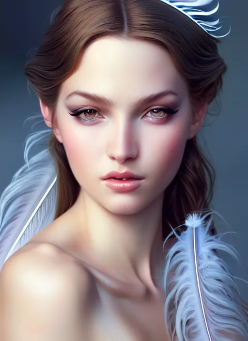 Image similar to a gorgeous female photo, professionally retouched, soft lighting, wearing a feather dress, realistic, smooth face, perfect eyes, wide angle, sharp focus on eyes, 8 k high definition, insanely detailed, intricate, elegant, art by artgerm and greg rutkowski and j scott campbell