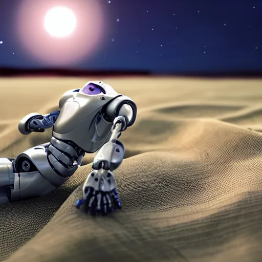 Prompt: A hyperrealistic photograph of a robot leaning intowards the camera for a kiss in the moonlight by the picnic blanket