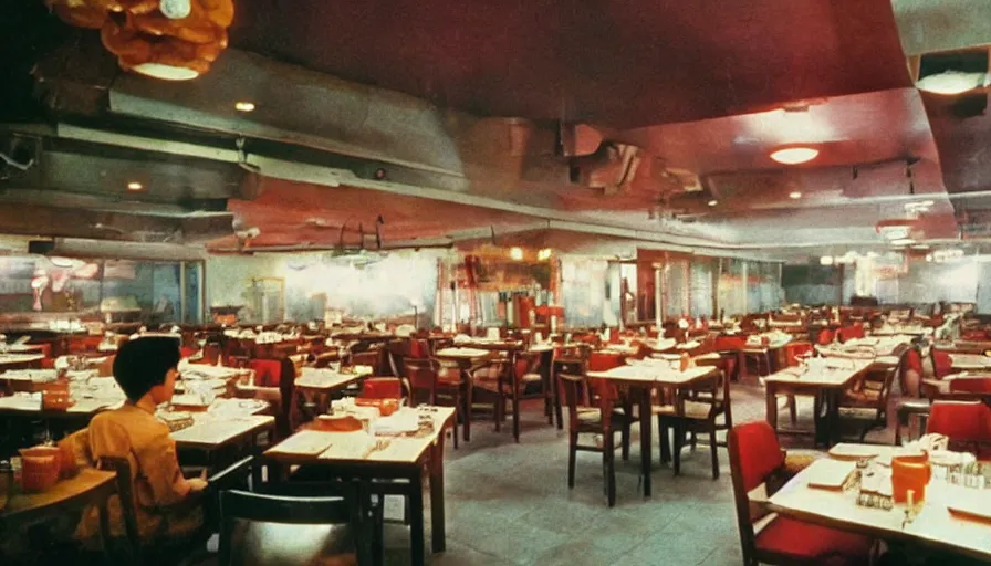 Prompt: 70s movie still of north korean restaurant, eastmancolor, heavy grain, high quality, higly detailed