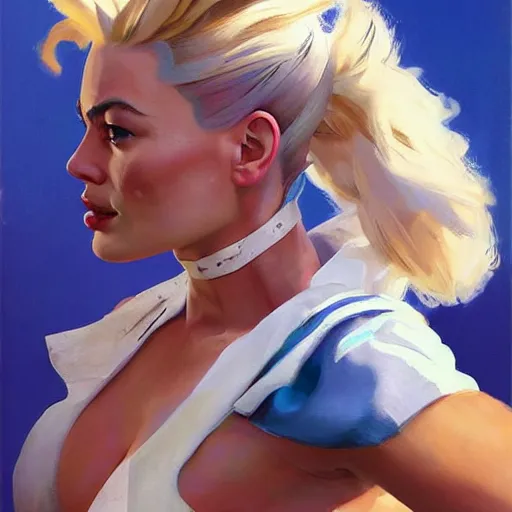 Image similar to greg manchess portrait painting of margot robbie as zarya from overwatch, medium shot, asymmetrical, profile picture, organic painting, sunny day, matte painting, bold shapes, hard edges, street art, trending on artstation, by huang guangjian and gil elvgren and sachin teng