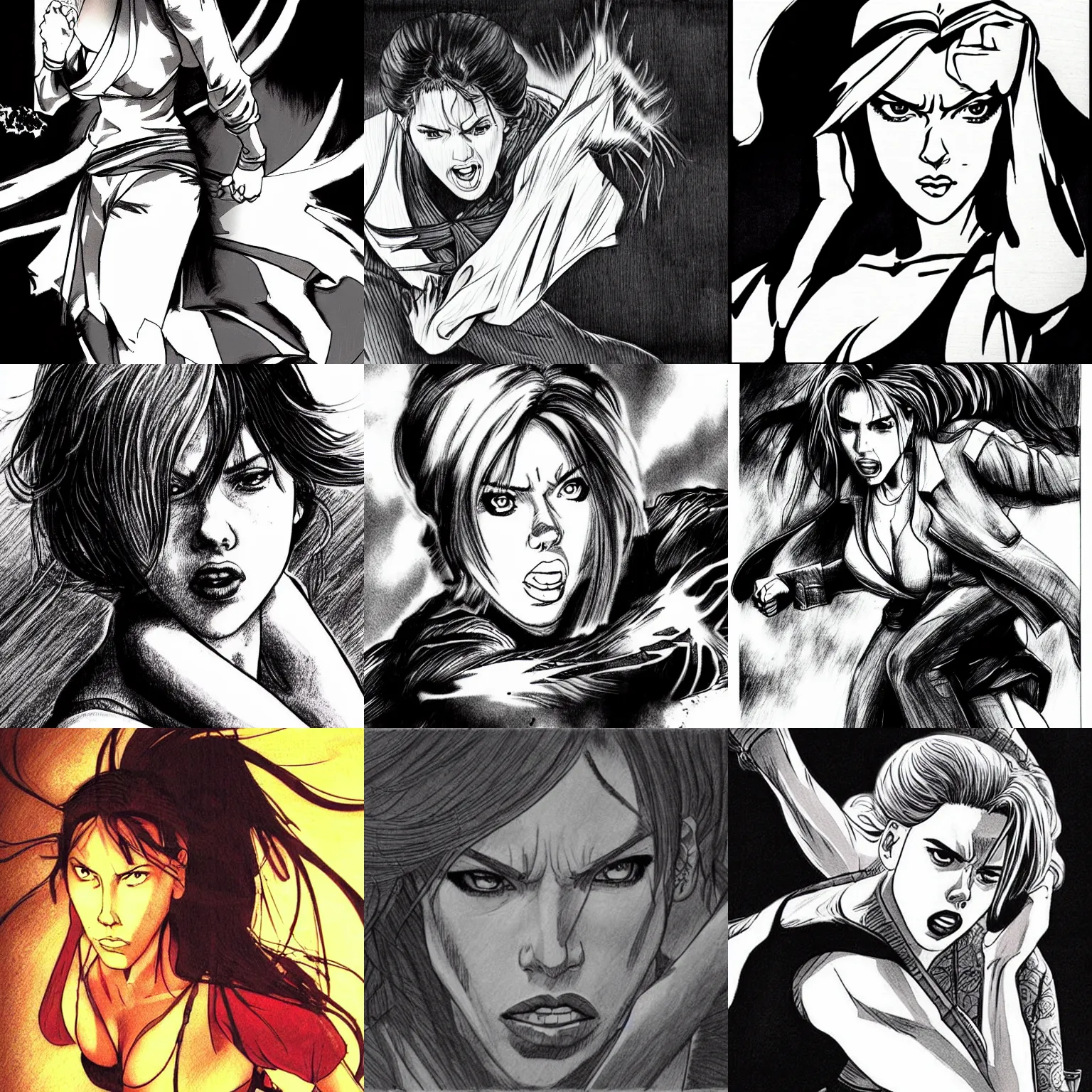Prompt: scarlett johansson with angry expression judo throws halle berry. dramatic lighting, ninja scroll anime style, pencil and ink manga drawing