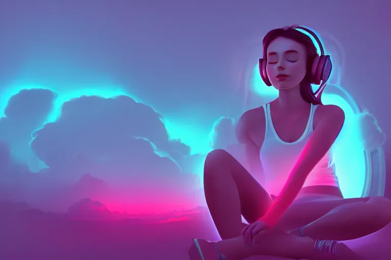 Image similar to a cute girl wearing headphones sitting on a cloud relaxing, misty, glows, digital art, hazy, foggy, ambient lighting, 8 k, neon, synthwave,