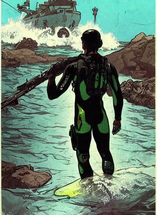 Image similar to Hector. USN blackops operator emerging from water at the shoreline. Agent wearing Futuristic wetsuit and looking at an abandoned shipyard. rb6s, MGS, and splinter cell Concept art by James Gurney, Alphonso Mucha. Vivid color scheme.