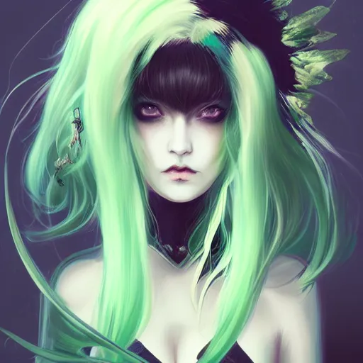 Image similar to facial portrait of a young pretty anime woman, green hair, dark eyes, gothic eyeliner, character concept art, headshot, Charlie Bowater, Anna Dittmann, WLOP, Rumiko Takahashi, Akihiko Yoshida, Hyung-tae Kim, alexander mcqueen, trending on Artstation