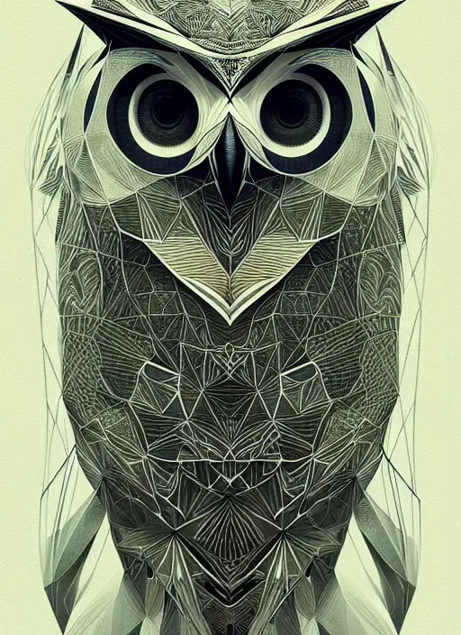 Image similar to portrait of a geometric owl, identical eyes, medium shot, illustration, full body made of white feathers, symmetrical, art stand, super detailed, cinematic lighting, and its detailed and intricate, gorgeous, by peter mohrbacher