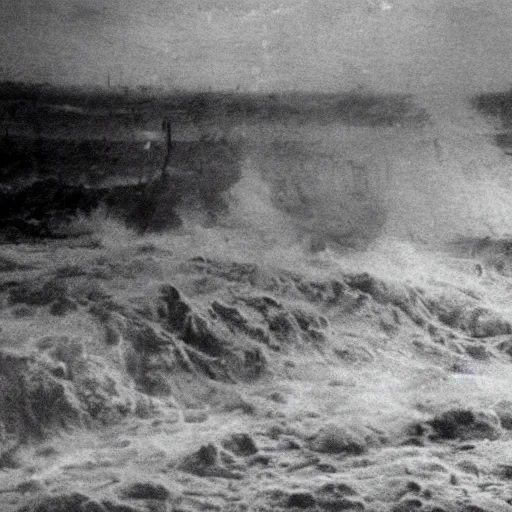 Image similar to grainy 1800s photo of a huge tidal wave of mud about to engulf a city