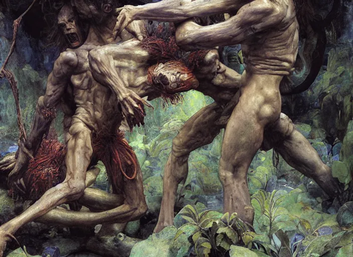 Image similar to underground cavern. snivelling canid humanoids ( 3'tall ). scaly skin ( rust coloured ). harvesting purple moss ( they brew it ).. edgar maxence and caravaggio and michael whelan and delacroix style, artistic, intricate painting, cinematic lighting, hyper realistic, extremely detailed, vivid colors, establishing shot, dramatic lighting.